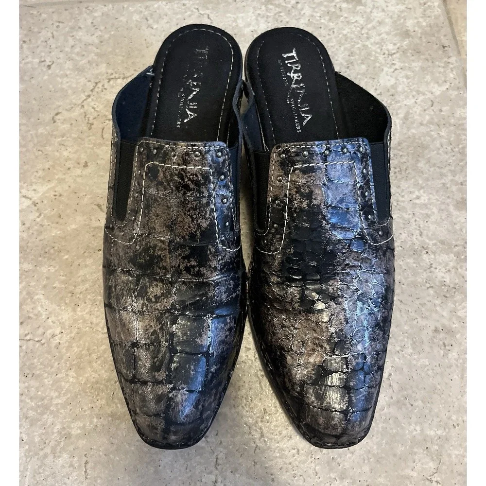 Tirrenia Italian Shoes Mules Sz. 10  Metallic Shimmer Low Heel Witchy Gothic - Picture 2 of 10